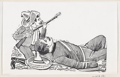 A revolutionary holding a rifle and kneeling to protect a fallen revolutionary, c. 1880-1910 by José Guadalupe Posada