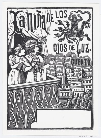A woman and a man standing on a balcony looking up at a flying monster in the sky by José Guadalupe Posada