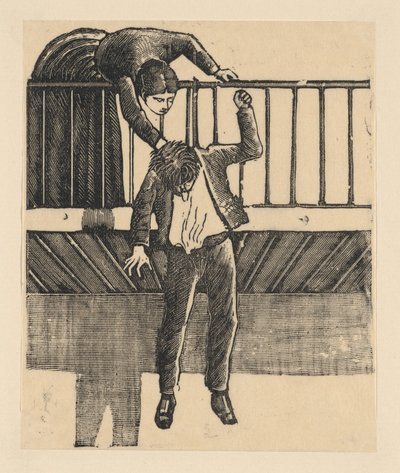 A woman discovering a man who has committed suicide by hanging himself from a balcony by José Guadalupe Posada
