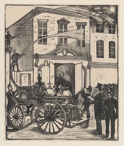 Firefighters Putting Out a Fire in a House, Firetruck in Foreground, ca. 1880-1910 by José Guadalupe Posada