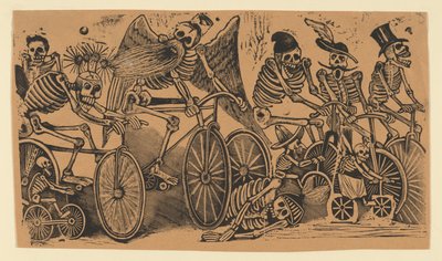 Skeletons Calaveras Riding Bicycles by José Guadalupe Posada