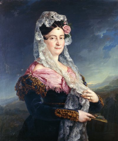Portrait of Dona Maria de los Dolores Gomez de las Casas e Ibarrondo, the First Marquise of Ulagares, Standing Three-Quarter Length by Jose Camaron