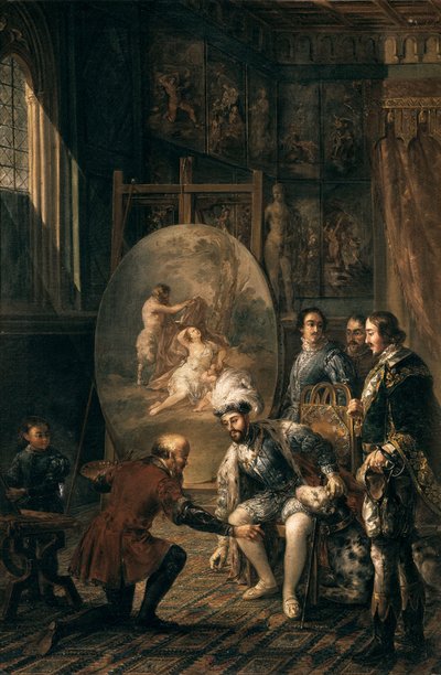 Charles V Picking Up the Brush of Painter Titian. Painting by Jose Felipe Parra (1824-1864) by Jose Felipe Parra