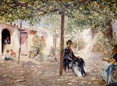 Ladies in a Sun-dappled Courtyard by Jose Gallegos Arnosa