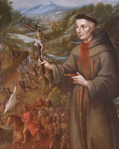 Destruction by the Indians of the Mission of St. Saba in Texas and Martyrdom of the Franciscan Friar Jose de Sanriesban (detail) by Jose de or Joseph Paez
