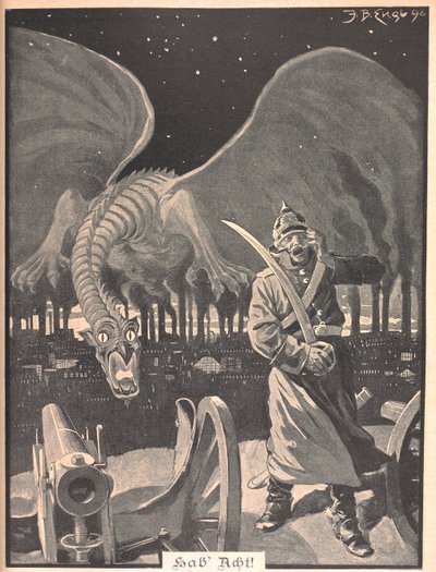 Drawing for the poem "Like Night". A dragon being produced by the smoke from factories, behind a German soldier. A surreal scene. by Josef Benedikt engl