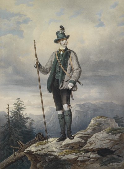 Portrait of the Young Emperor in Ischl Hunting Costume, Colored Lithograph by Kriehuber, 67 x 49 cm by Josef Kriehuber
