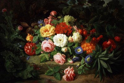 Still Life of Summer Flowers and Fruits by Josef Lauer