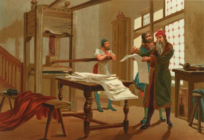 Gutenberg prints the first page of the Bible by Josep or Jose Planella Coromina