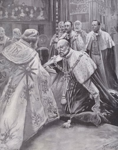 King Edward VII taking the oath at his coronation, Westminster Abbey, London by Joseph (after) Finnemore
