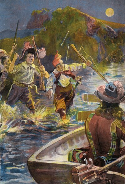 Robinson Crusoe: Our men rush for the boats by Joseph (after) Finnemore