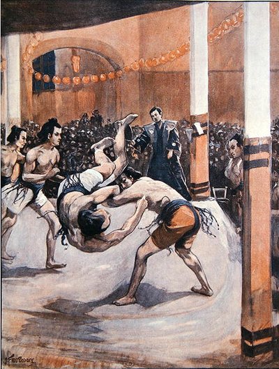 Traditional Japanese Wrestling: Sumo Wrestlers Displaying Their Art at the Japanese Exhibition in London in 1910 by Joseph (after) Finnemore