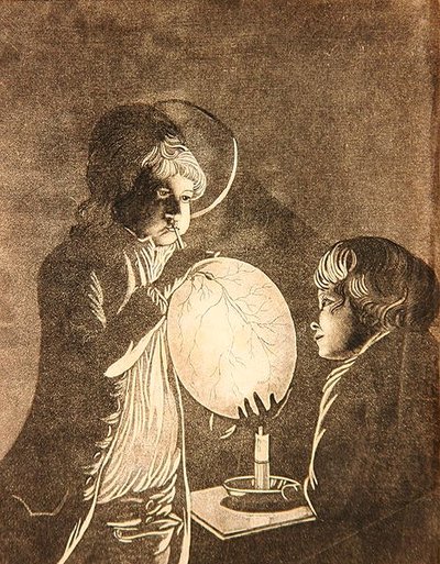 Two Boys Blowing a Bladder by Candlelight, aquatinted by Peter Perez Burdett by Joseph (after) Wright of Derby