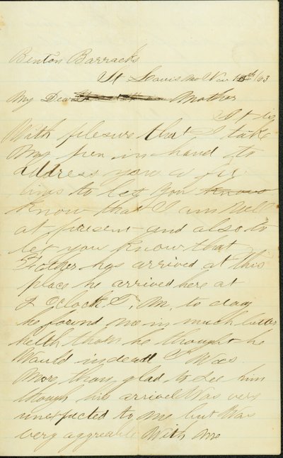 Letter signed Joseph A. Fardell, Benton Barracks, St. Louis, Mo., to Mother, November 12, 1863 by Joseph A. Fardell