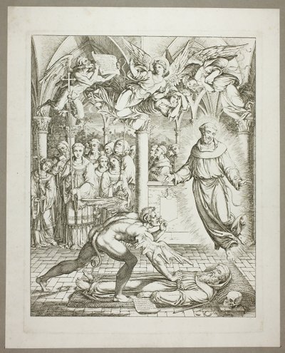 The Struggle Between the Devil and St Francis of Assisi for the Soul of Guido da Montefeltro, plate three from Depictions from Dante