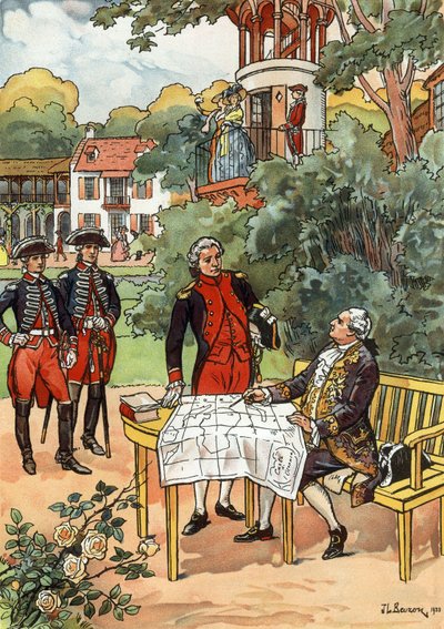 French King Louis XVI and Navigator Jean Francois de Galaup, Comte de Laperouse in 1785, Illustration by JL Beuzon 1933 by Joseph Beuzon