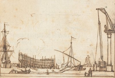 Dock Scene: Boats and Ships of Various Sizes; Ship-Building; Pully-like Machines with Operators by Joseph Cartwright