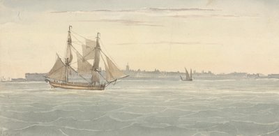 Single Brig (?) Another Sailing Vessel Against Outline of City on Background by Joseph Cartwright
