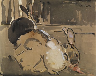 Two Rabbits, One Eating Carrots by Joseph Crawhall