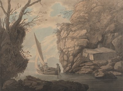 A Sailing Dinghy with Three Men Leaving a Rocky Inlet by Joseph Farington