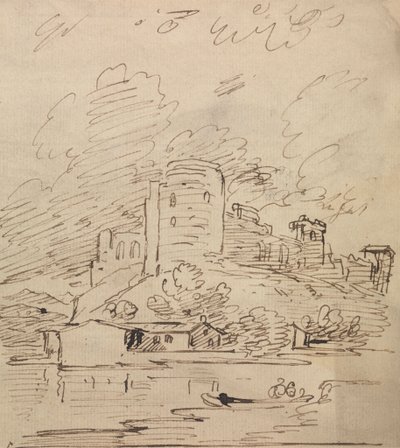 Castle with a Round Tower Above a River by Joseph Farington