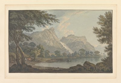 Lodore Rocks -- fall & cottage - distance by Joseph Farington