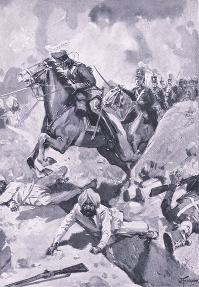 Sobraon: Sir Joseph Thackwell leading the 3rd Light Dragoons in single file through some Sikh earthworks by Joseph Finnemore