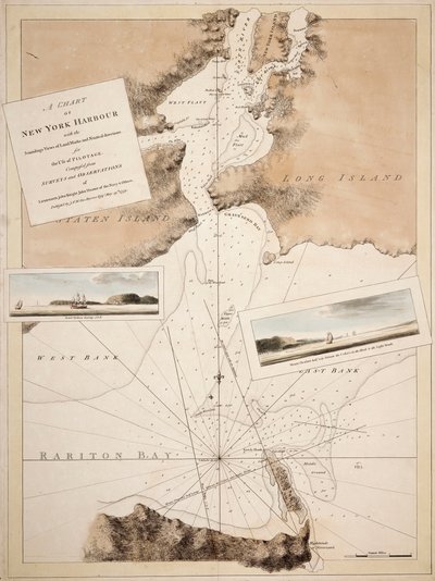 A chart of New York Harbour with the soundings views of land marks and nautical directions for the use of pilotage. Composed from surveys and observations of Lieutenants John Knight John Hunter of the Navy and others. by Joseph Frederick Wallet DesBarres