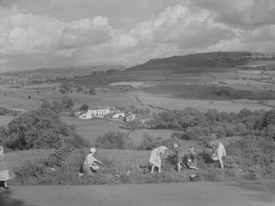 Children and adults picking blackberries with view of the Winster Valley beyond by Joseph Hardman