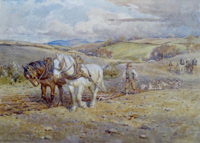 Heavy Horses Ploughing on the Downs by Joseph Harold Swanwick