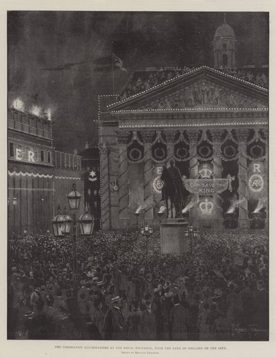 The Coronation Illuminations at the Royal Exchange, with the Bank of England on the Left by Joseph Holland Tringham