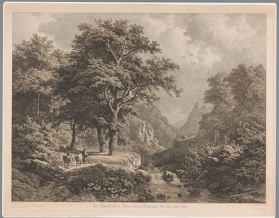 Mountainous Landscape with a Waterfall in the Middle, a Boy with Three Cows and a Dog on the Left by Joseph Hubert Blees