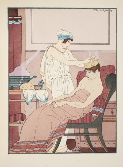 A sponge soaked in hot water is applied to the head, illustration from 