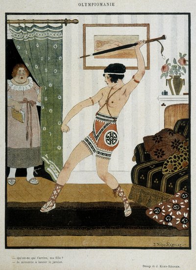 Young girl in antique costume training to throw javelin with an umbrella. Fantasy poster illustrating the enthusiasm of the Olympiads. Drawing by J. Kuhn Regnier around 1920 by Joseph Kuhn Regnier
