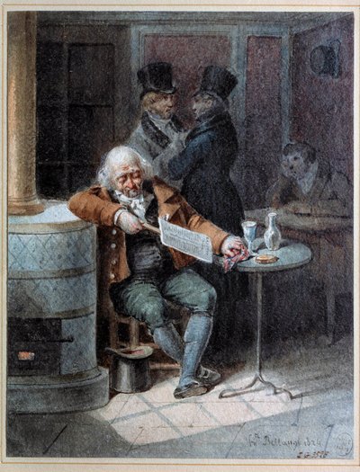 Reading of the Gazette: old man asleep in a cafe reading the newspaper 