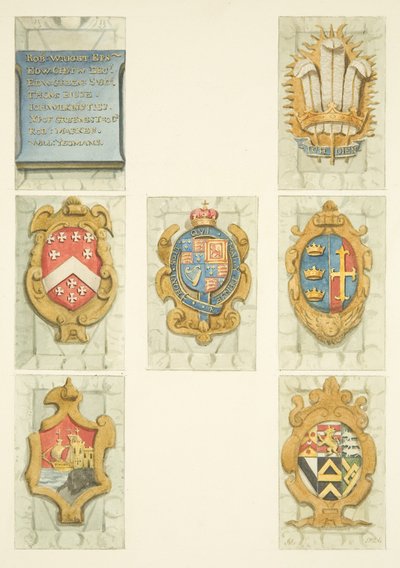 Coats of arms on stone pulpit of Bristol Cathedral by Joseph Manning