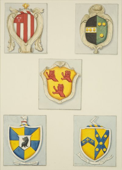 Five Coats of Arms from Monuments in Temple Church by Joseph Manning