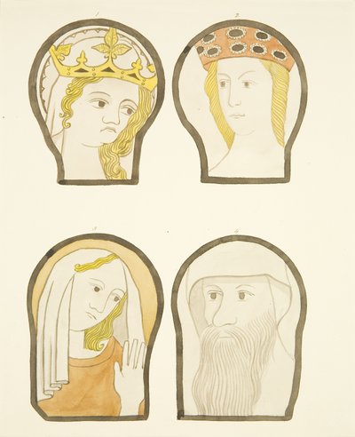 Four Heads in Stained Glass Windows South of Choir in Bristol Cathedral by Joseph Manning