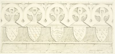 Gothic frieze and coats of arms in vestry room of Bristol Cathedral by Joseph Manning