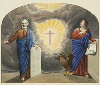 Painted window over Christ Church altar, showing Moses and St John the Evangelist by Joseph Manning