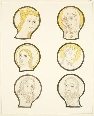 Six heads in stained glass windows south of choir in Bristol Cathedral by Joseph Manning