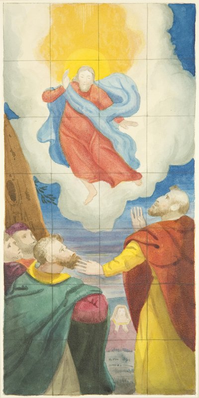 Stained glass window at east end of the north aisle of Bristol Cathedral showing the Ascension by Joseph Manning
