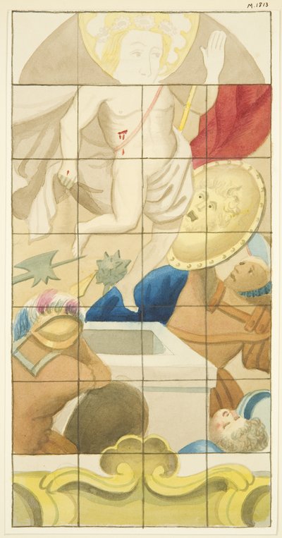 Stained glass window at east end of the north aisle of Bristol Cathedral showing the Resurrection by Joseph Manning