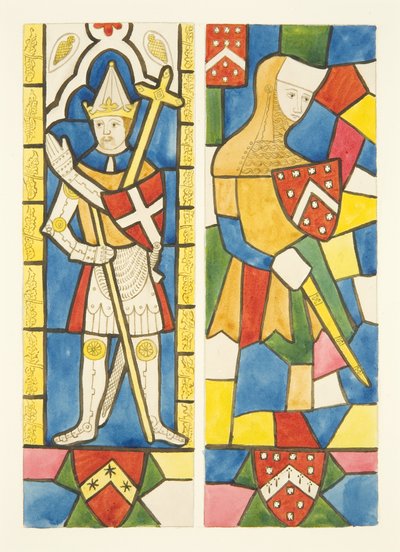 Two figures in stained glass windows of choir in Bristol Cathedral by Joseph Manning