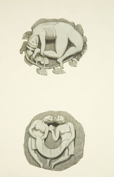 Two groin stones in ceiling on entering the north door of Bristol Cathedral by Joseph Manning