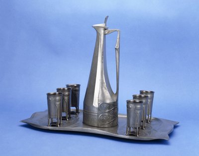 An Edelzinn Eight Piece Pewter Liquor Set by Joseph Maria Olbrich