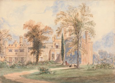 An unidentified Gothic Mansion: Side View of the House with Garden by Joseph Murray Ince