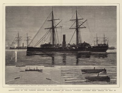 Destruction of the Turkish Monitor Hifse Rahman by Russian Torpedo launches near Ibraila on 26 May by Joseph Nash