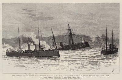 The Sinking of the Rebel Ship Blanco Encalada by the Government Torpedo-Catchers Almirante Lynch and Almirante Condell, in Caldera Harbour by Joseph Nash