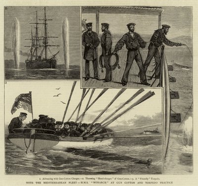 With the Mediterranean Fleet, HMS Monarch at Gun Cotton and Torpedo Practice by Joseph Nash